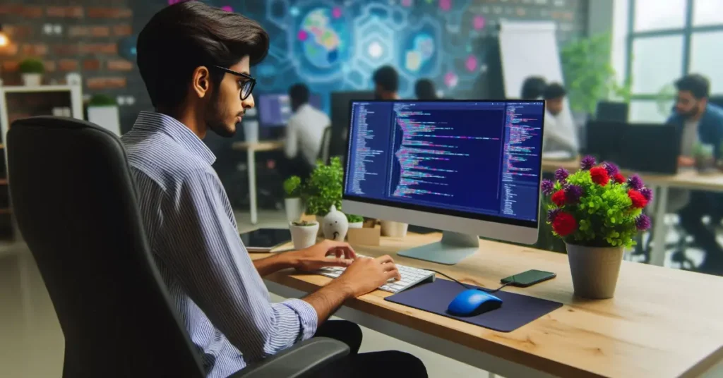 A junior web developer working on a computer in a modern Karachi office, representing local tech job roles and coding environment
