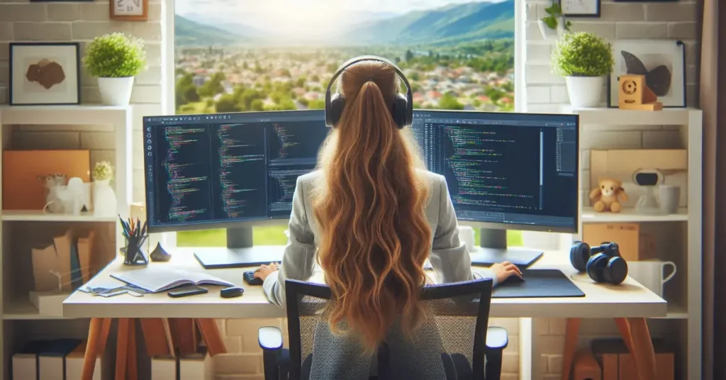 A young female IT support specialist working from home in Peshawar with modern tech setup and dual screens.

