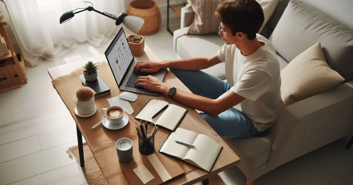 Beginner freelance writer working from home with a cozy desk setup and laptop.