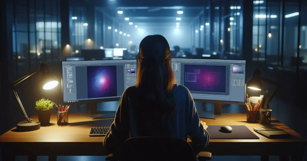 Female graphic designer intern working on Adobe Illustrator and After Effects in a modern office during evening shift at Techversol