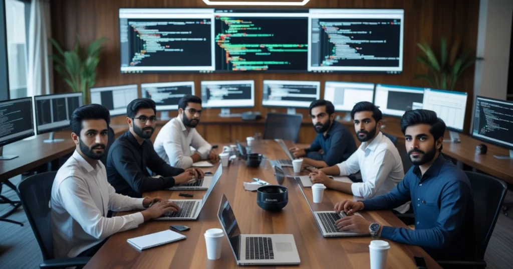 Fresh cloud engineers in Islamabad collaborating on cloud infrastructure projects in a tech office