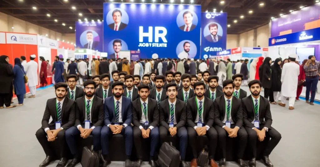 Fresh graduates exploring HR job opportunities at a 2025 career fair in Lahore.