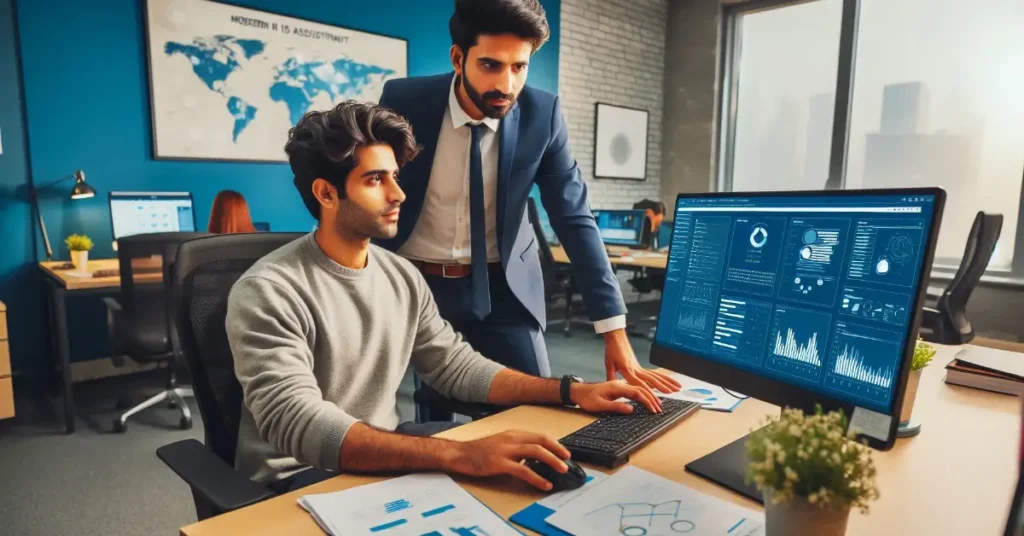 IT Assistant helping a coworker in a professional office setting in Lahore.