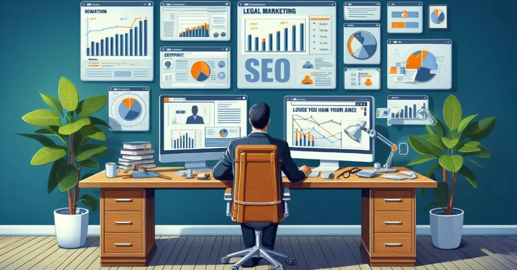 Remote legal marketing director reviewing digital campaign reports and SEO analytics for law-focused lead generation.