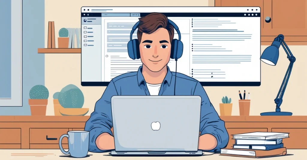 Remote technical writer working from home with digital documents open on laptop in a home office setting