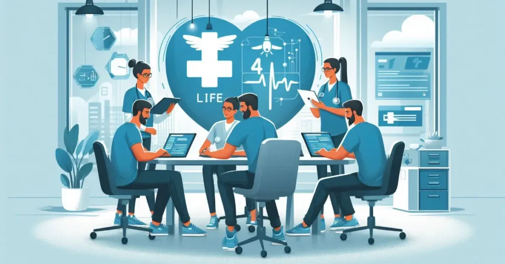 Software development team collaborating on a healthcare technology project, showing teamwork and innovation in Pakistan’s tech industry.