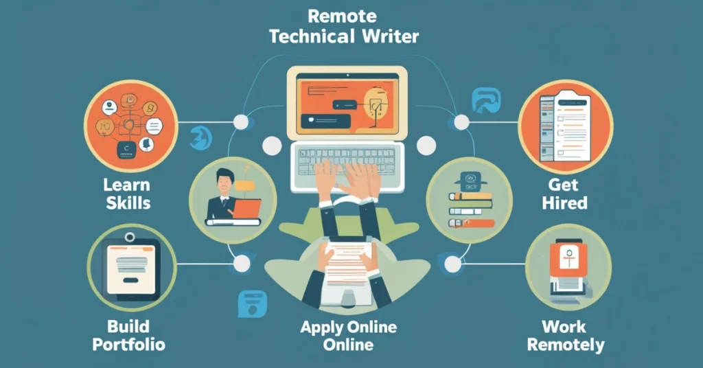 Step-by-step infographic showing how to become a remote technical writer, from learning skills to landing a job