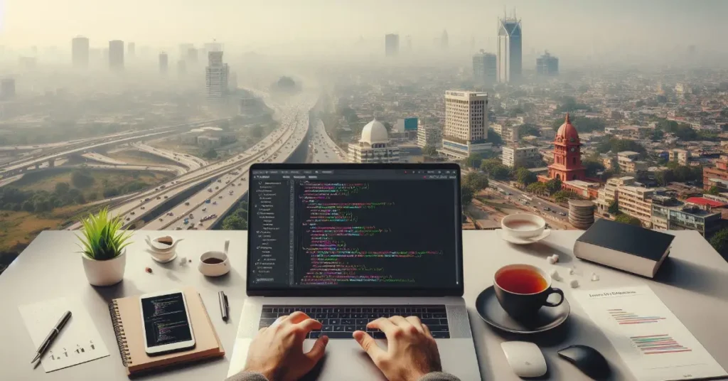 Fresh front end developer coding HTML, CSS, and JavaScript from home in Lahore, Pakistan