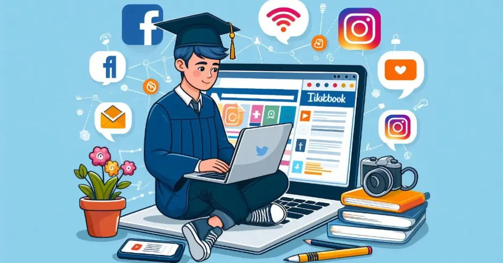 Fresh graduate managing social media accounts on laptop for digital marketing job in Karachi.