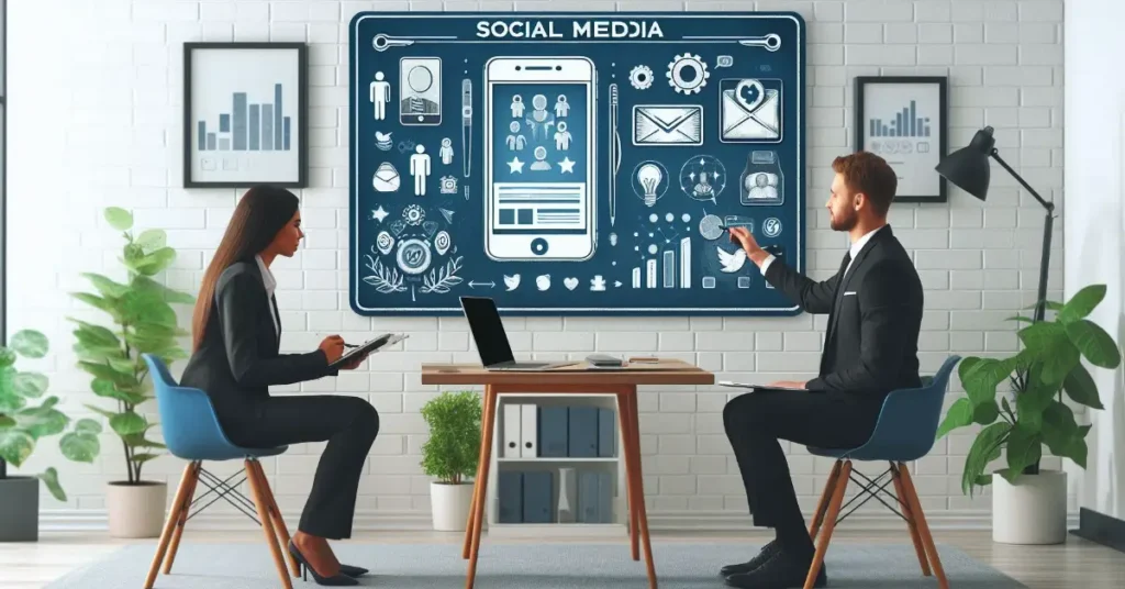 Social media job interview in Karachi with candidate showcasing online content portfolio.